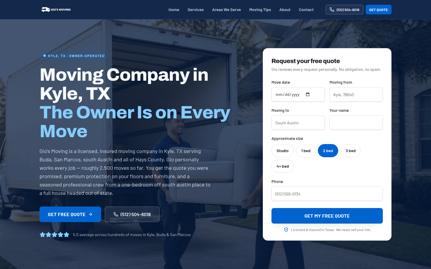 Gio's Moving new website homepage built by TexasMade Automations