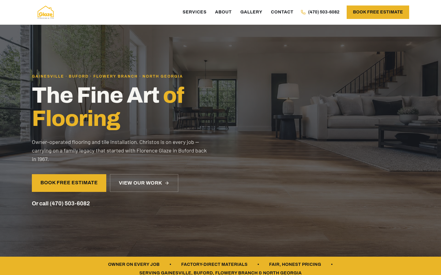 Glaze Flooring & Tile new website homepage built by TexasMade Automations